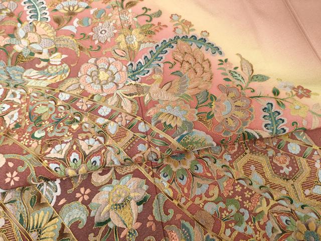 平和屋着物●訪問着　総刺繍　更紗花鳥文　暈し染め　金糸　正絹　逸品　AABF2866ck