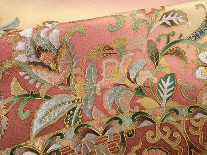平和屋着物●訪問着　総刺繍　更紗花鳥文　暈し染め　金糸　正絹　逸品　AABF2866ck