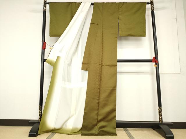 平和屋着物●お召 小葵 鶯茶色 正絹 逸品 AABF2869ck