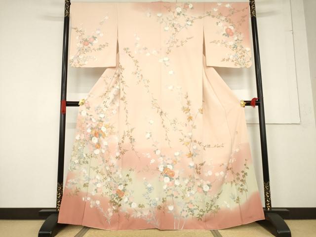 平和屋着物●訪問着 友禅 作家物 駒刺繍 草花文 金彩 正絹 逸品 AABF2872ck