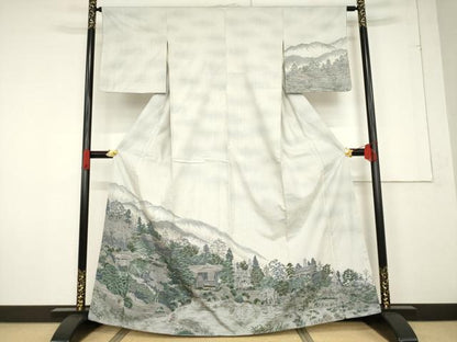 平和屋着物●結城紬 訪問着 100亀甲 遠山風景文 正絹 逸品 AABF2874ck