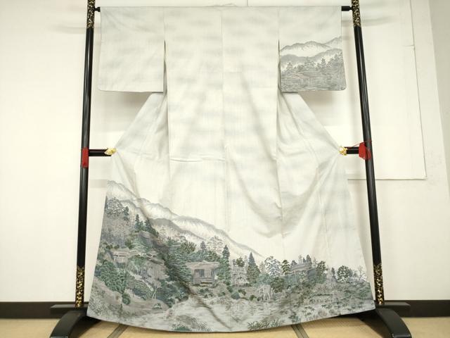 平和屋着物●結城紬 訪問着 100亀甲 遠山風景文 正絹 逸品 AABF2874ck