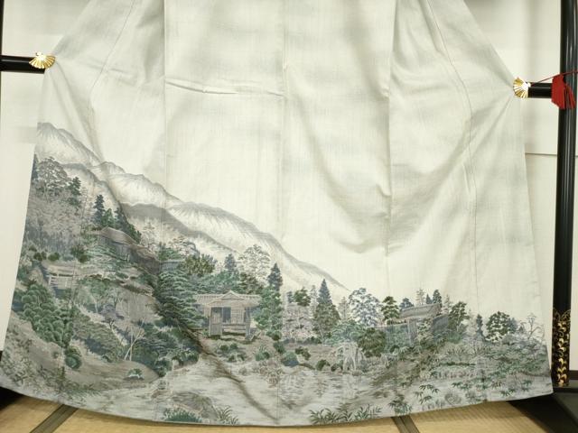 平和屋着物●結城紬 訪問着 100亀甲 遠山風景文 正絹 逸品 AABF2874ck