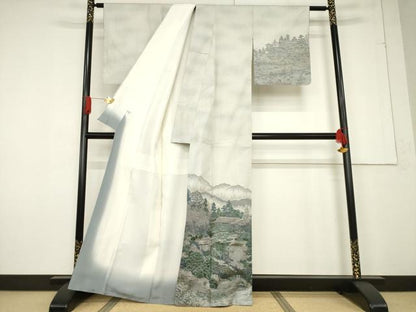 平和屋着物●結城紬 訪問着 100亀甲 遠山風景文 正絹 逸品 AABF2874ck