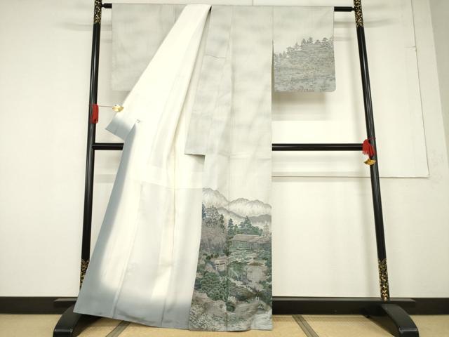 平和屋着物●結城紬 訪問着 100亀甲 遠山風景文 正絹 逸品 AABF2874ck