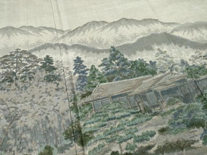 平和屋着物●結城紬 訪問着 100亀甲 遠山風景文 正絹 逸品 AABF2874ck