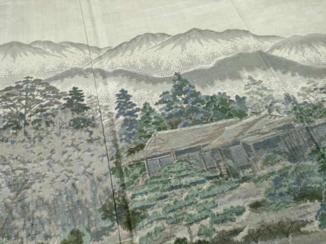 平和屋着物●結城紬 訪問着 100亀甲 遠山風景文 正絹 逸品 AABF2874ck