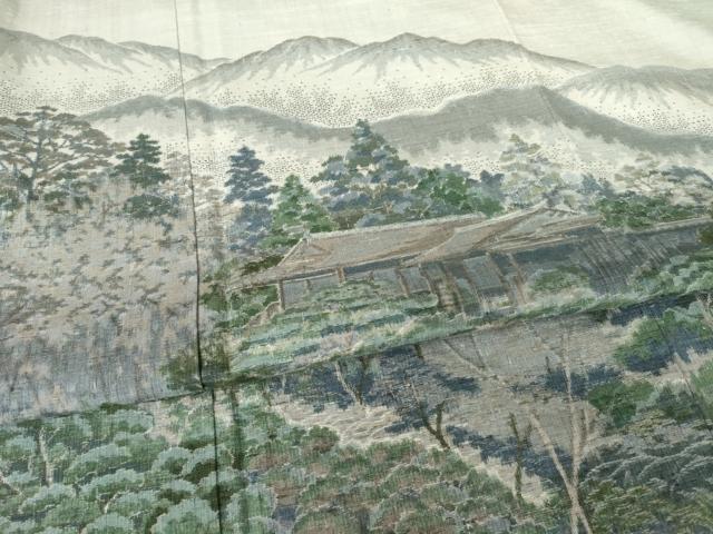 平和屋着物●結城紬 訪問着 100亀甲 遠山風景文 正絹 逸品 AABF2874ck
