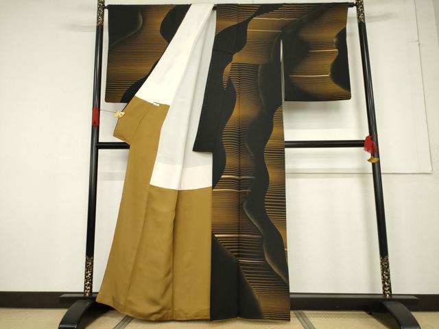 平和屋着物●訪問着 流水文 黒地 金彩 正絹 逸品 AABF2875ck