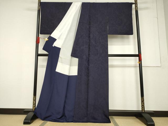 平和屋着物●青藍舎　色無地　天然灰汁発建本藍染　花尽くし地紋　黒紅色　正絹　逸品　AABF2883ck