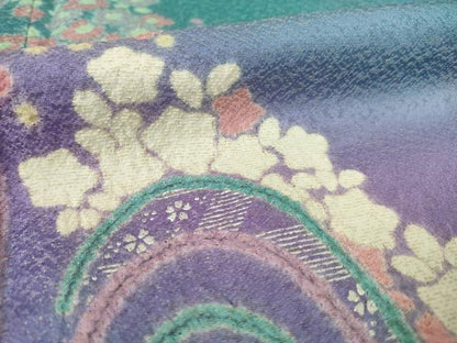 平和屋着物●豪華振袖 絞り 流水花文 暈し染め 金通し地 ロング丈 正絹 逸品 AABF2884ck
