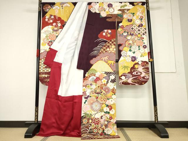 平和屋着物●豪華振袖 駒刺繍 貝桶花毬文 金彩 ロング丈 正絹 逸品 AABF2885ck