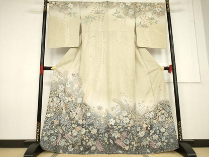 平和屋着物●吉乃一廉　幻の辻が花　訪問着　絞り　舞花文　銀通し地　正絹　逸品　AABF2898ck