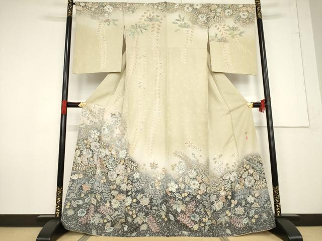 平和屋着物●吉乃一廉　幻の辻が花　訪問着　絞り　舞花文　銀通し地　正絹　逸品　AABF2898ck