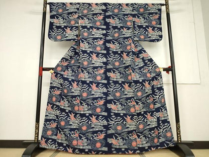 平和屋着物●浦野理一　型染　小紋　流水花鳥文　正絹　逸品　AABF2903ck