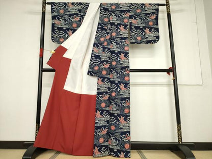 平和屋着物●浦野理一　型染　小紋　流水花鳥文　正絹　逸品　AABF2903ck