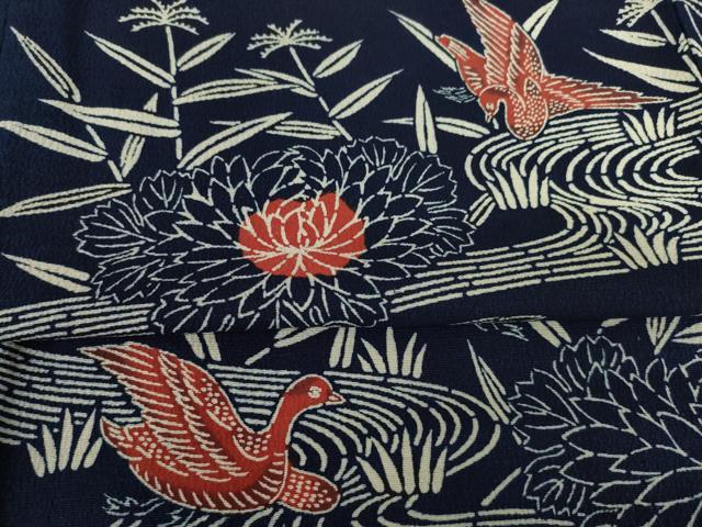 平和屋着物●浦野理一　型染　小紋　流水花鳥文　正絹　逸品　AABF2903ck