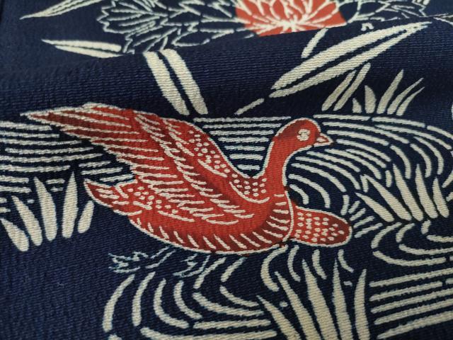 平和屋着物●浦野理一　型染　小紋　流水花鳥文　正絹　逸品　AABF2903ck