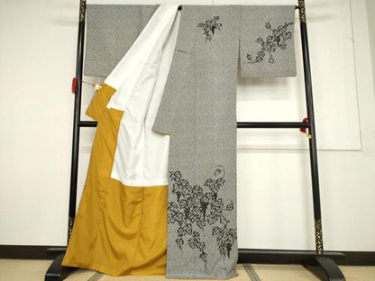 平和屋着物●訪問着 葡萄蔦草文 黒地 金彩 洗える着物 AABF2920ck
