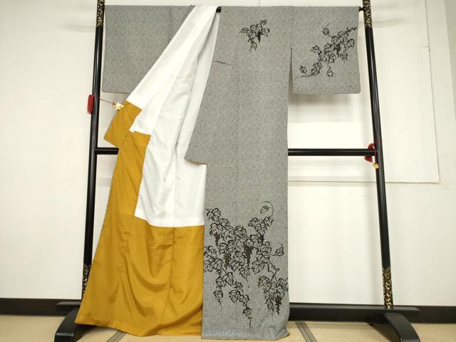 平和屋着物●訪問着 葡萄蔦草文 黒地 金彩 洗える着物 AABF2920ck