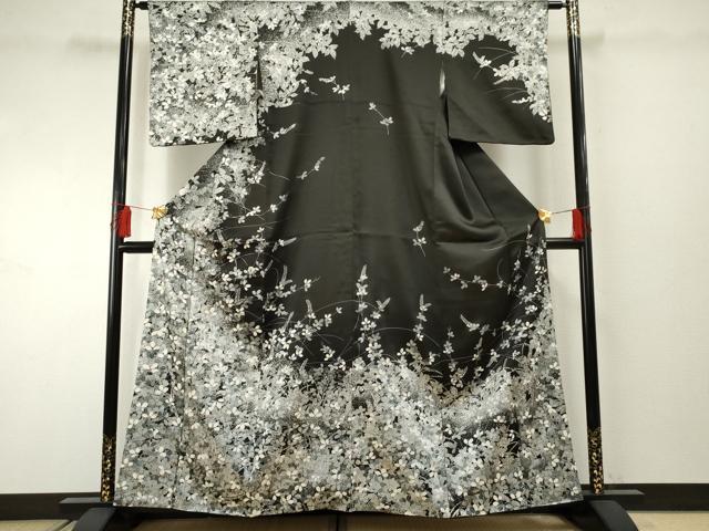 平和屋着物●訪問着　刺繍　萩　暈し染め　黒地　銀糸　銀彩　正絹　逸品　AABF2926cs