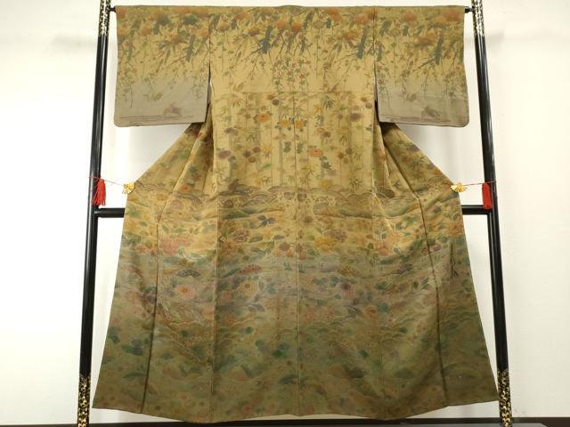 平和屋着物●山岡古都・古都染人　染織美術品　薬墨染　天目織　お召　訪問着　吉祥花鳥文　暈し染め　正絹　逸品　AABF2928cs