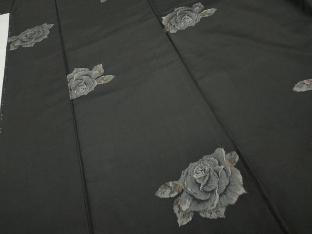 平和屋着物●大島紬　草花文　薔薇　バラ　黒地　正絹　逸品　未使用　AABF2937cs