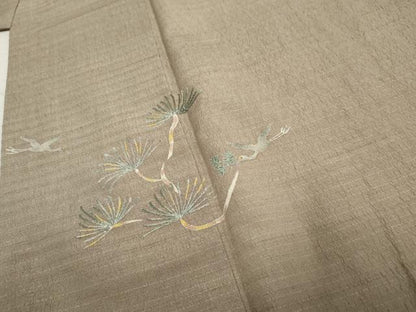 平和屋着物●色留訪問着 紬地 手描き 飛鶴松文 金彩 正絹 逸品 AABF2944cs