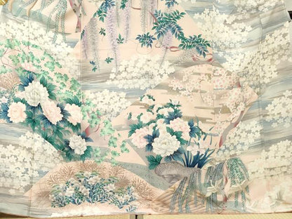 平和屋着物●訪問着 吉祥飛鶴草花文 暈し染め 金彩 正絹 逸品 AABF2947cs