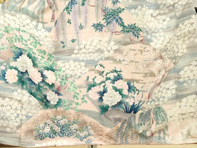 平和屋着物●訪問着 吉祥飛鶴草花文 暈し染め 金彩 正絹 逸品 AABF2947cs