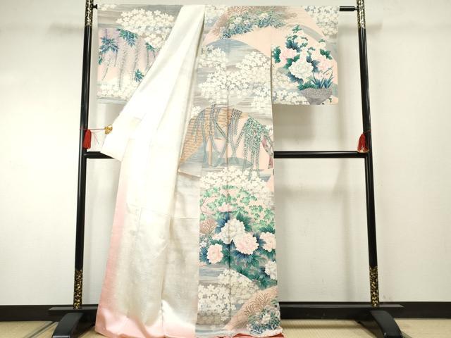 平和屋着物●訪問着 吉祥飛鶴草花文 暈し染め 金彩 正絹 逸品 AABF2947cs