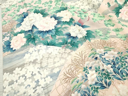平和屋着物●訪問着 吉祥飛鶴草花文 暈し染め 金彩 正絹 逸品 AABF2947cs