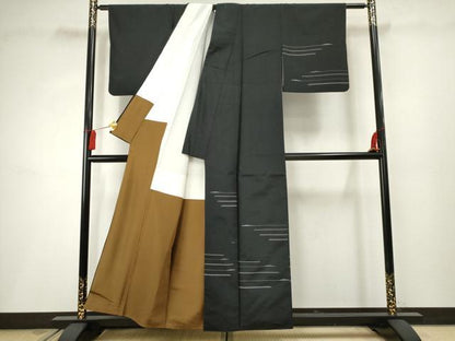 平和屋着物●訪問着 紬地 横段文 黒地 正絹 逸品 AABF2951cs