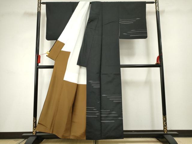 平和屋着物●訪問着 紬地 横段文 黒地 正絹 逸品 AABF2951cs