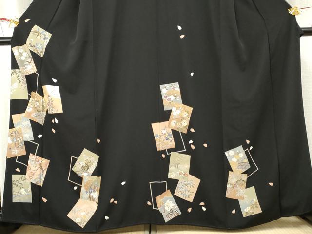 平和屋着物●訪問着 駒刺繍 色紙重ね花文 黒地 金彩 鬼しぼ縮緬 正絹 逸品 AABF2954cs
