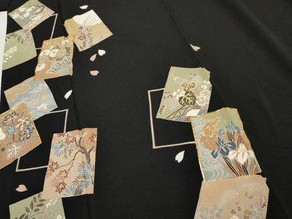 平和屋着物●訪問着 駒刺繍 色紙重ね花文 黒地 金彩 鬼しぼ縮緬 正絹 逸品 AABF2954cs