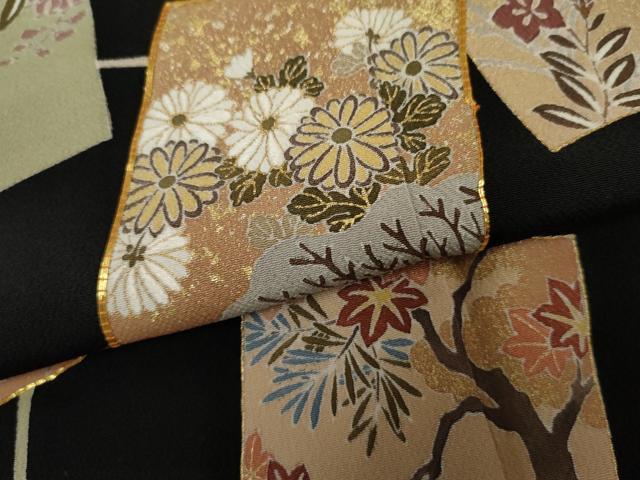 平和屋着物●訪問着 駒刺繍 色紙重ね花文 黒地 金彩 鬼しぼ縮緬 正絹 逸品 AABF2954cs