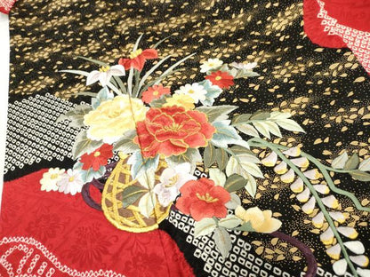 平和屋着物●豪華振袖 絞り 刺繍 花篭文 金糸 金彩 正絹 逸品 AABF2955cs
