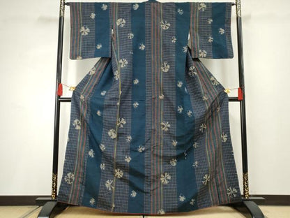 平和屋着物●上質な紬 絞り 格子間道 正絹 逸品 AABF2967cs