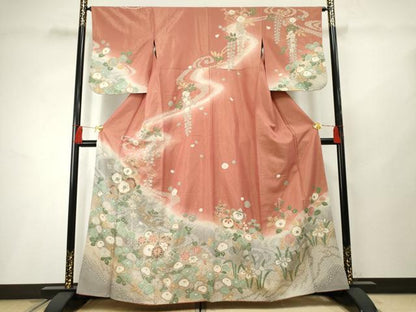 平和屋着物●訪問着 地紙草花文 暈し染め 金彩 金通し地 正絹 逸品 AABF2970cs