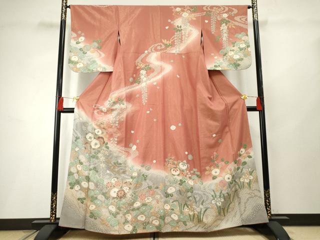 平和屋着物●訪問着 地紙草花文 暈し染め 金彩 金通し地 正絹 逸品 AABF2970cs