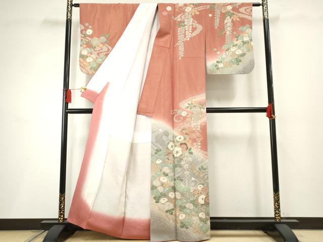 平和屋着物●訪問着 地紙草花文 暈し染め 金彩 金通し地 正絹 逸品 AABF2970cs
