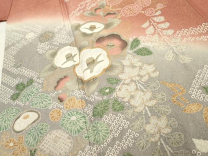 平和屋着物●訪問着 地紙草花文 暈し染め 金彩 金通し地 正絹 逸品 AABF2970cs