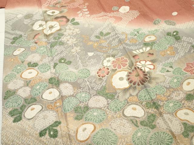 平和屋着物●訪問着 地紙草花文 暈し染め 金彩 金通し地 正絹 逸品 AABF2970cs