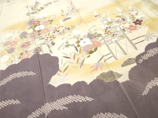 平和屋着物●訪問着 絞り 風景草花文 暈し染め 正絹 逸品 AABF2971cs