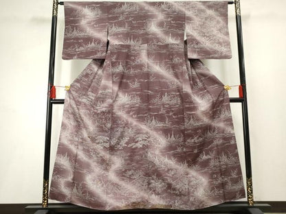 平和屋着物●訪問着 紬地 刺繍 流水花鳥松文 正絹 逸品 AABF2977cs