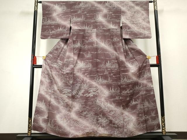 平和屋着物●訪問着 紬地 刺繍 流水花鳥松文 正絹 逸品 AABF2977cs