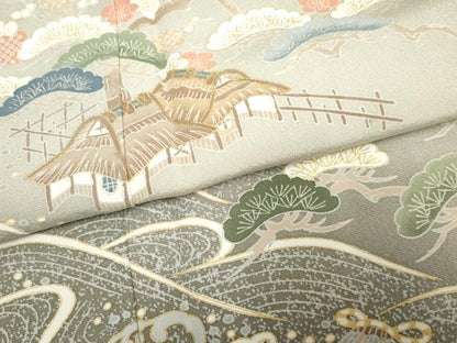平和屋着物●訪問着 友禅 人物浜松風景文 暈し染め 金彩 正絹 逸品 未使用 AABF2998cs