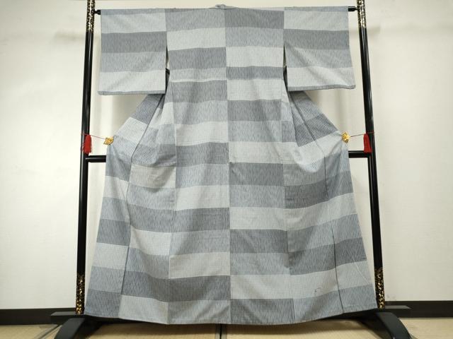 平和屋着物●お召 絞り 市松横段文 正絹 逸品 AABF3000cs
