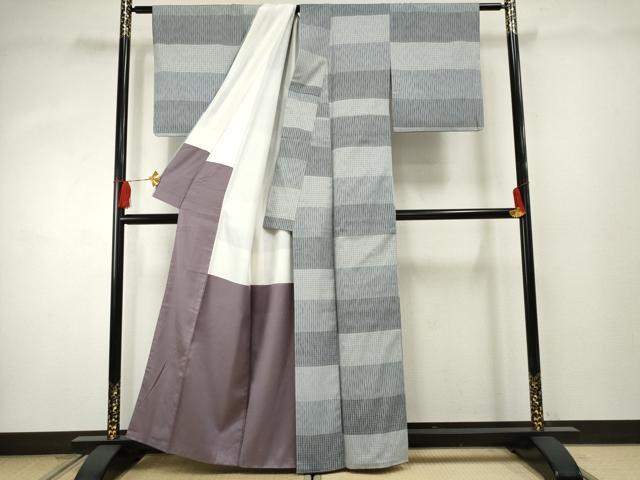 平和屋着物●お召 絞り 市松横段文 正絹 逸品 AABF3000cs